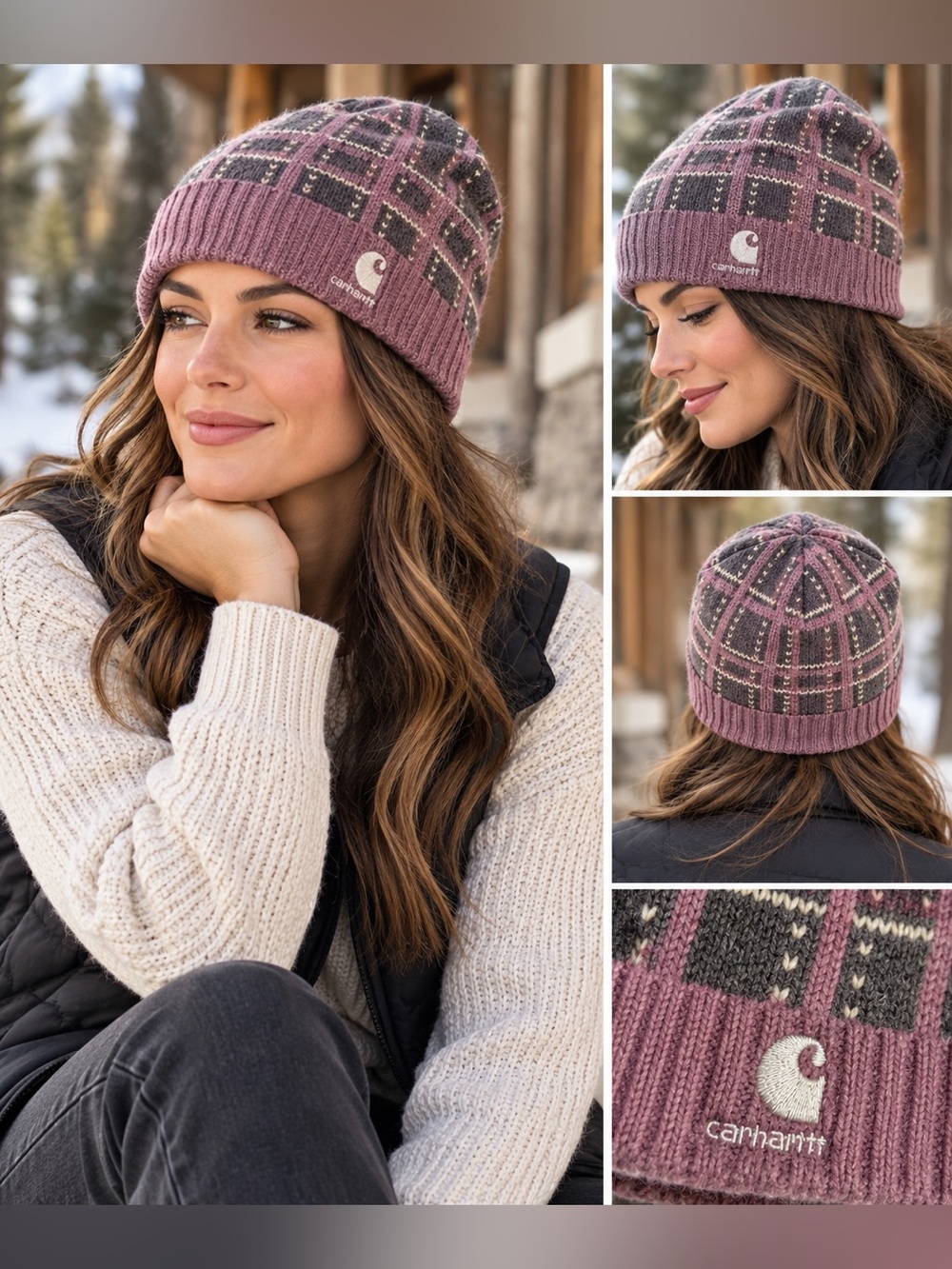 Carhartt Women’s Purple Gray Plaid Knit Beanie Winter Hat Logo